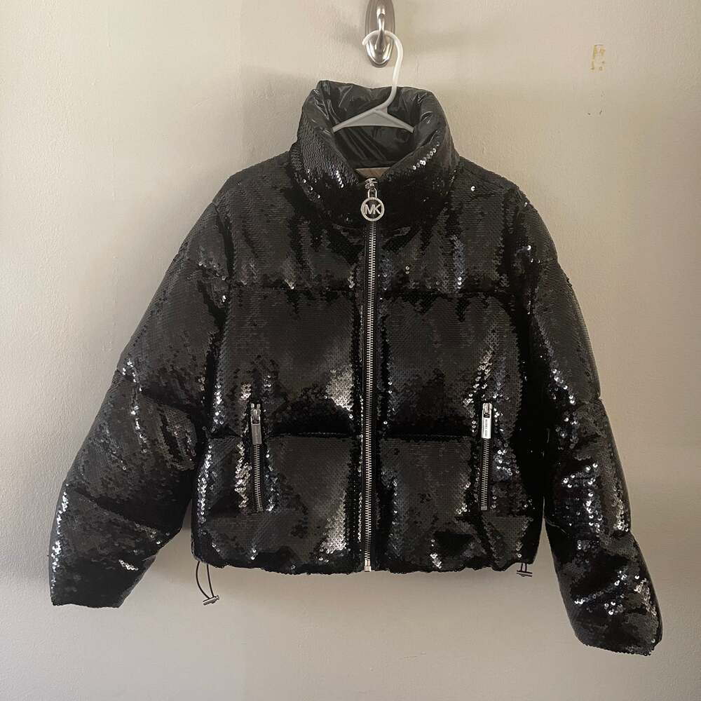 Michael Kors Womens Small S Black Sequined Funnel Neck Quilted Puffer Jacket
